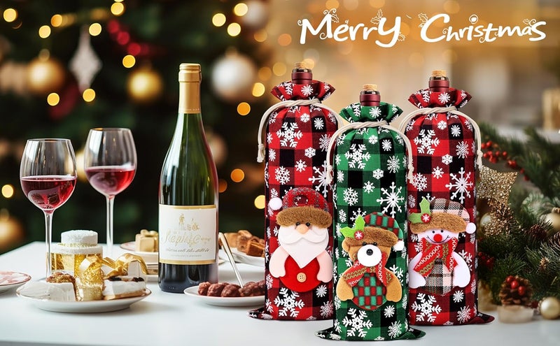 Aoonby 8PCS Christmas Wine Fabric Bags, Drawstring Christmas Buffalo Plaid Wine Bottle Gift Bags, Reusable Wines Bottle Covers with Santa Snowman Elk Bear 3D Doll, Xmas Wines Gift Bag for Holiday Party Decor - Image 5